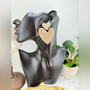 Glam Rhinestone Heart Drop Earrings | Statement Gold-Tone Dangle